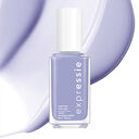 Essie Nagellackflasche in Flieder mit weißem Deckel vor Farbmuster – ideal für leuchtende, trendige Maniküren.